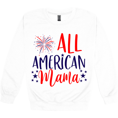 All American Mama patriotic design on White adult crewneck, front view.