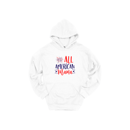 All American Mama patriotic design on White adult hoodie, front view.