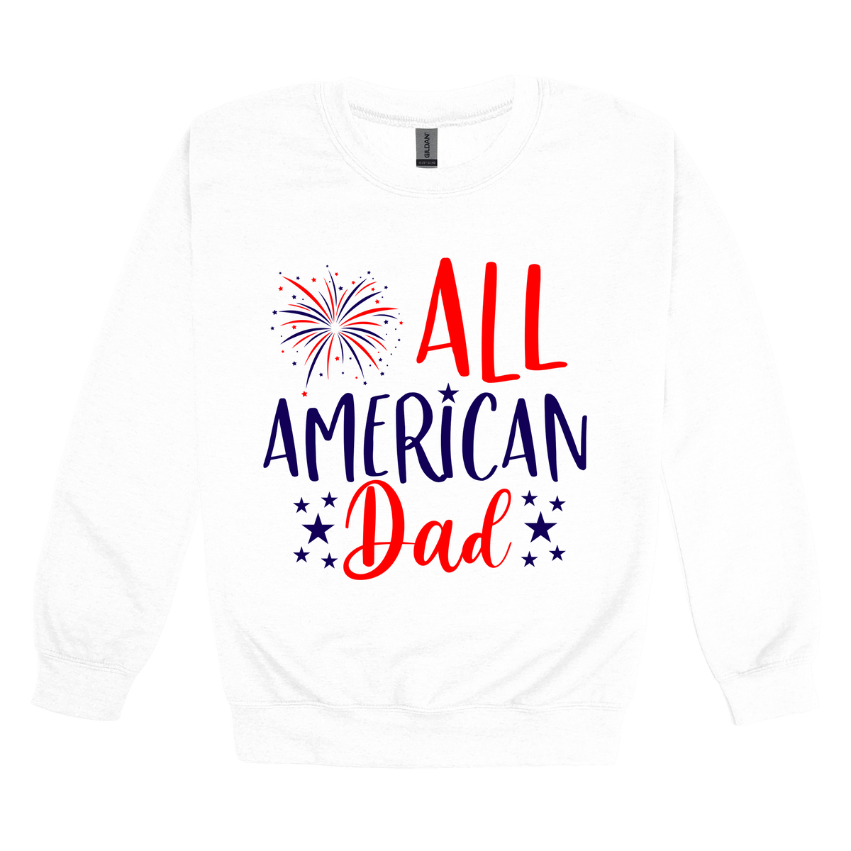 Dad design on White adult Crewneck, front view.