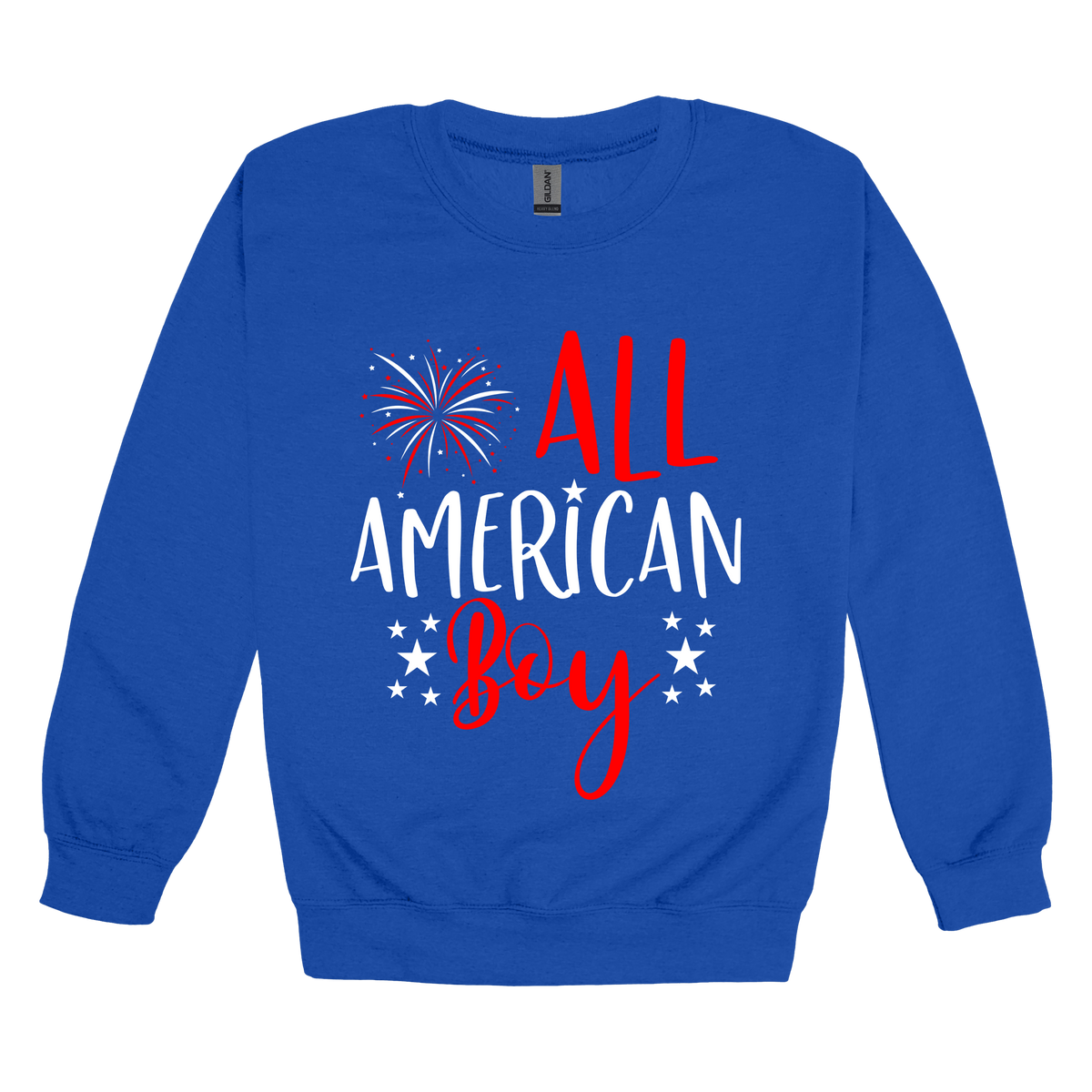 Boy design on Royal Blue adult Crewneck, front view.