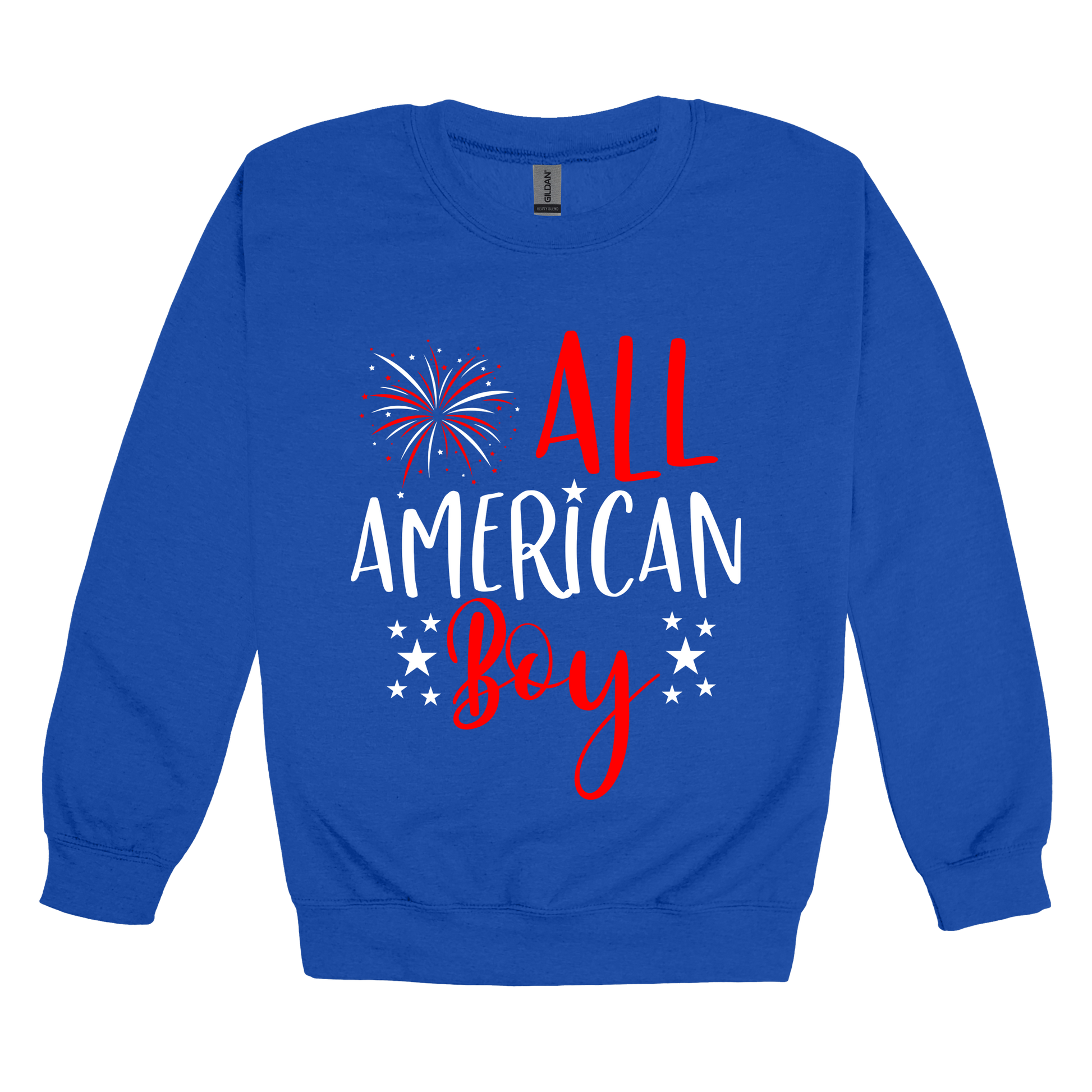 Boy design on Royal Blue adult Crewneck, front view.