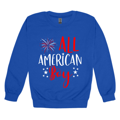 Boy design on Royal Blue adult Crewneck, front view.