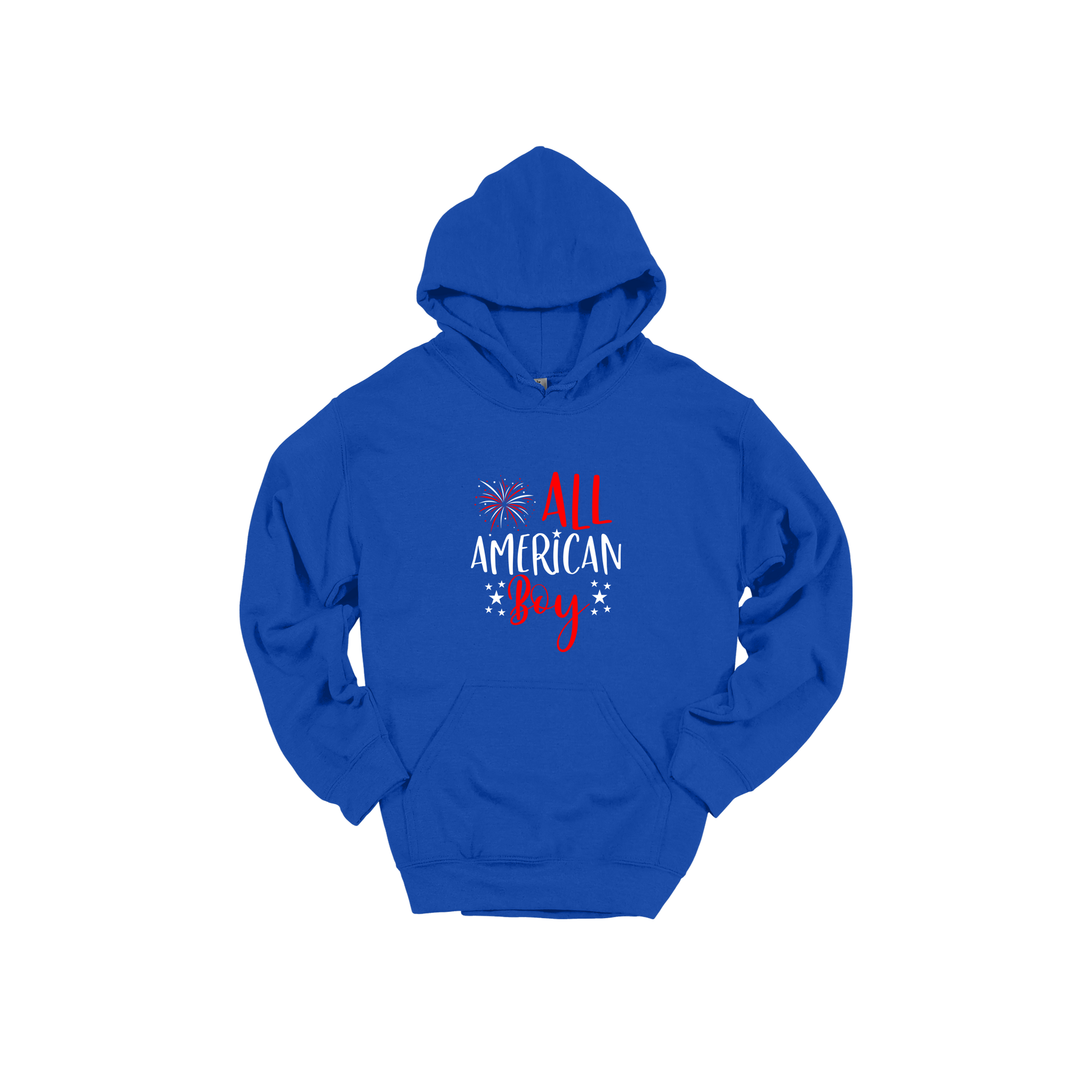 Boy design on Royal Blue adult Hoodie, front view.