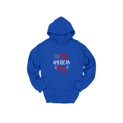 Boy design on Royal Blue adult Hoodie, front view.