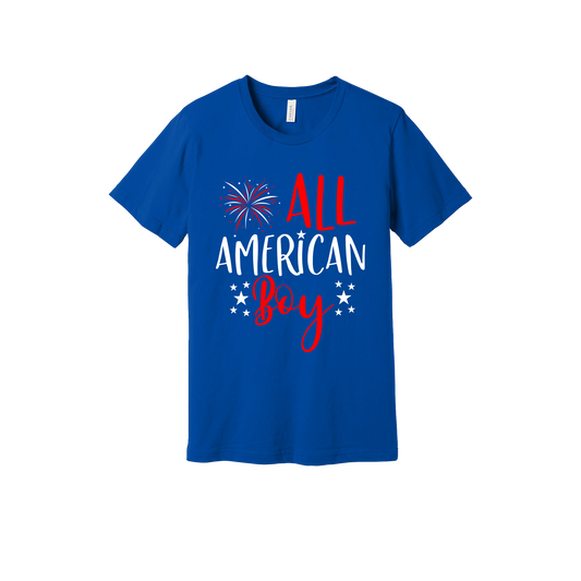 Boy design on Royal Blue adult T-Shirt, front view.