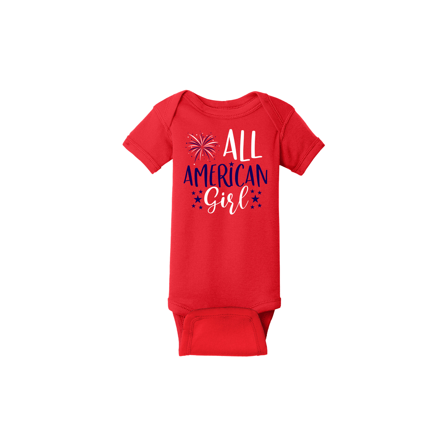 Girl design on Red Infant onesie, front view.