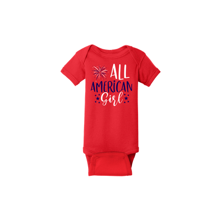 Girl design on Red Infant onesie, front view.
