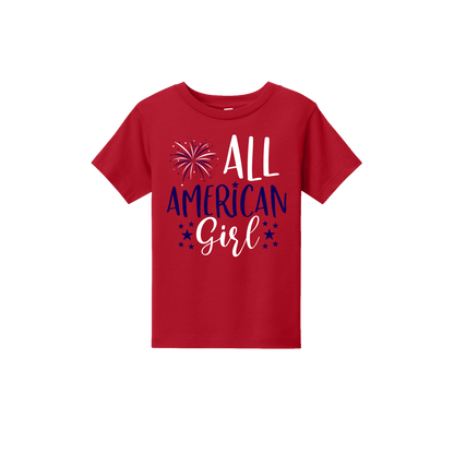 Girl design on Red Toddler T-Shirt, front view.