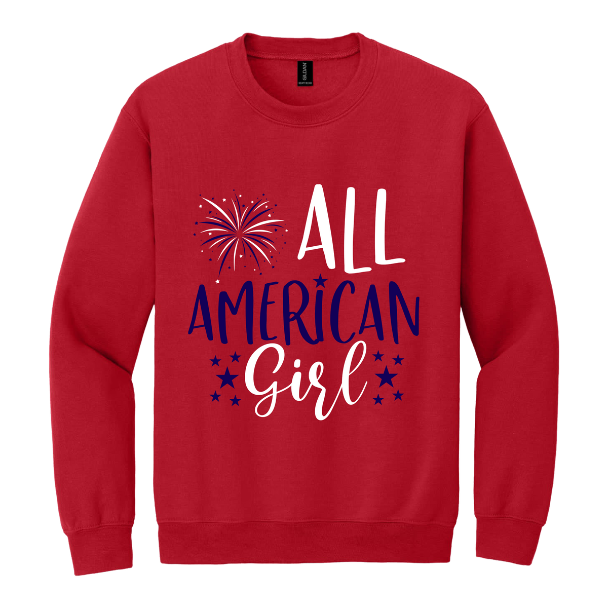Girl design on Red adult Crewneck, front view.
