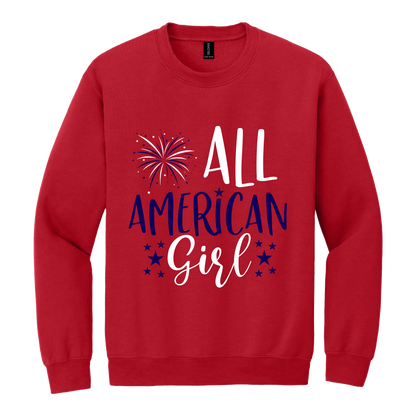 Girl design on Red adult Crewneck, front view.