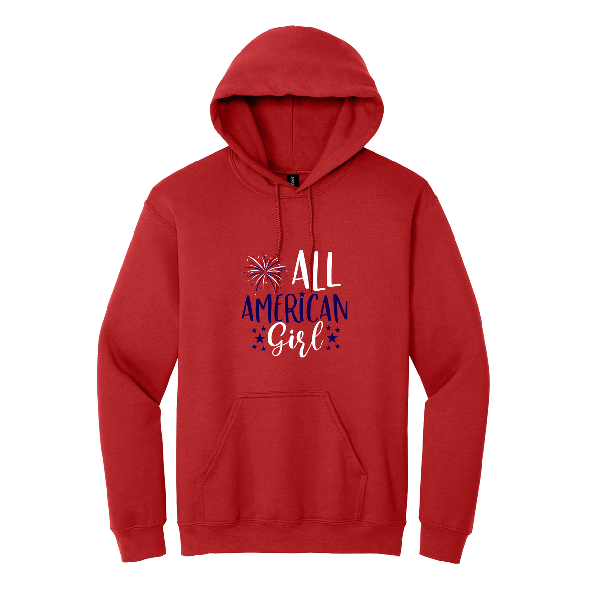 Girl design on Red adult Hoodie, front view.
