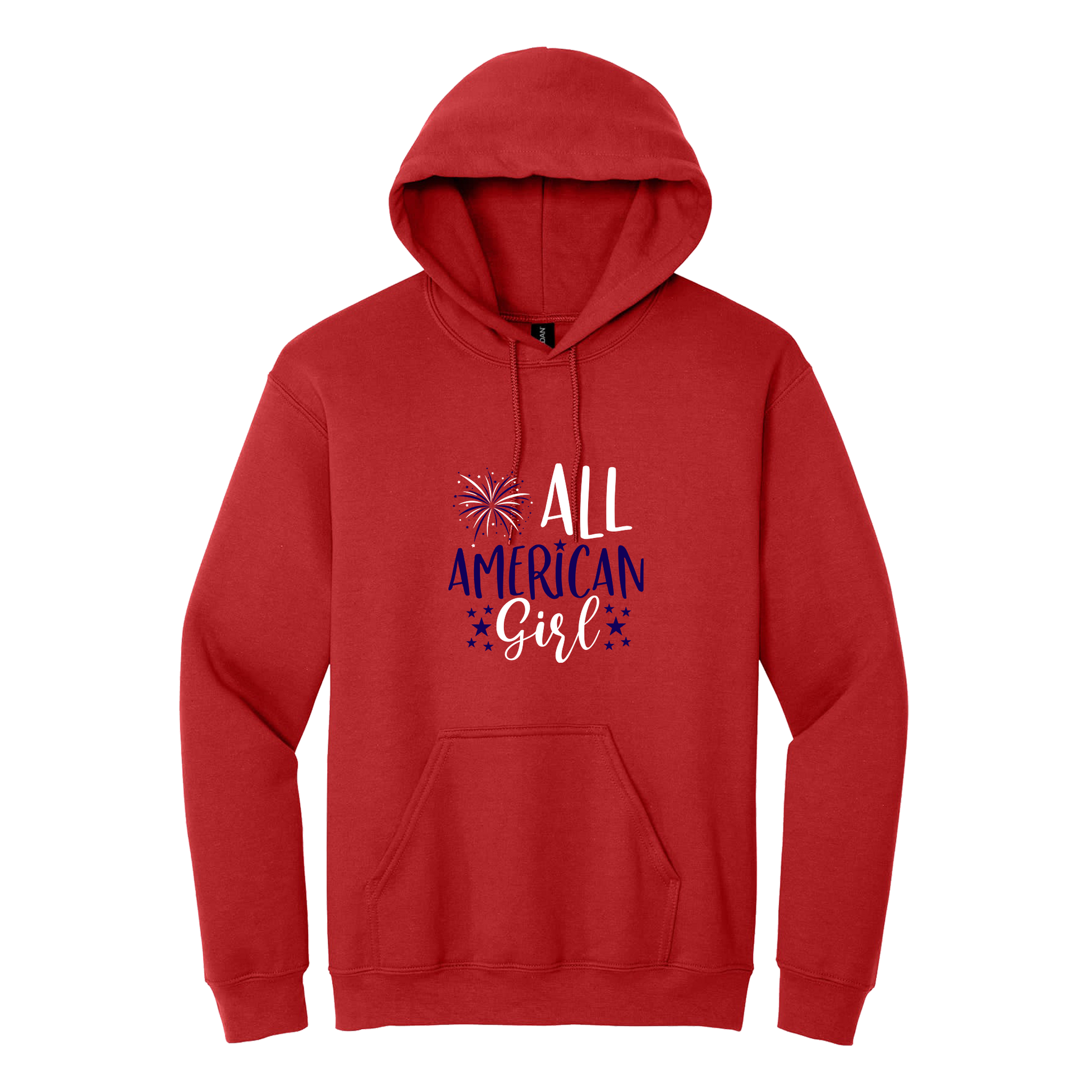 Girl design on Red adult Hoodie, front view.
