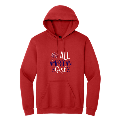 Girl design on Red adult Hoodie, front view.