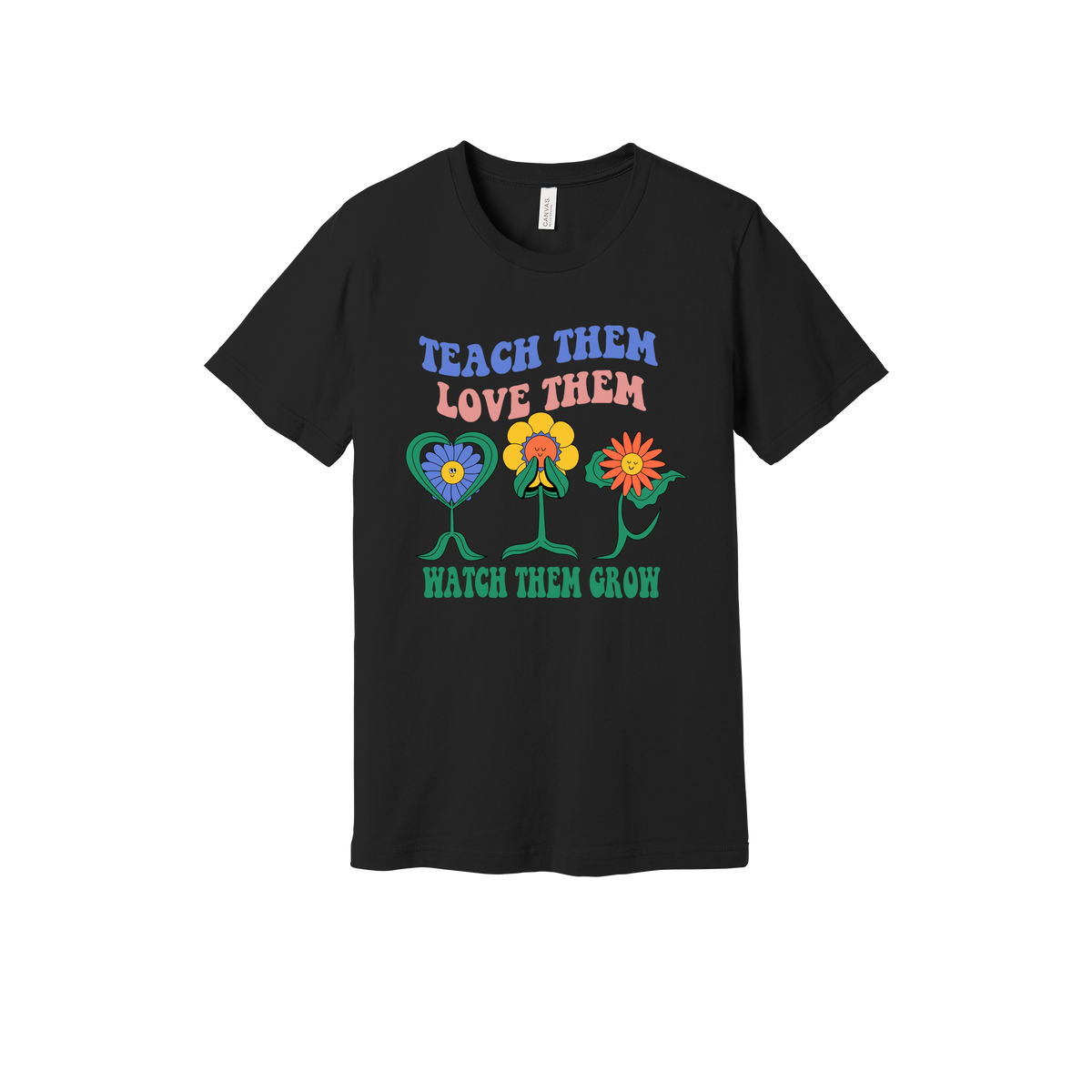 Teach Them Love Them teacher design on Black adult T-Shirt, front view.