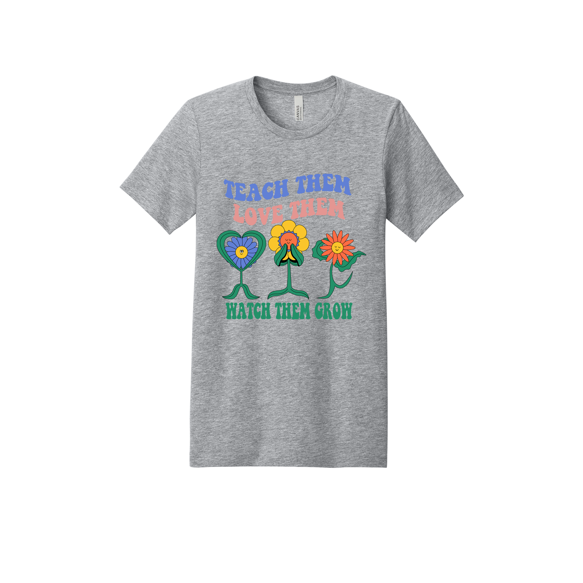 Teach Them Love Them teacher design on Heather Athletic Gray adult T-Shirt, front view.
