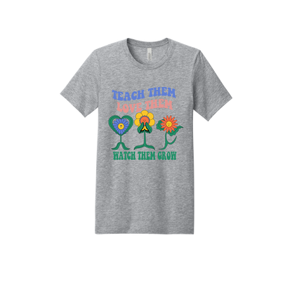 Teach Them Love Them teacher design on Heather Athletic Gray adult T-Shirt, front view.