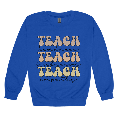 Teach Kindness Empathy Bubble Letter Apparel — Royal Blue adult Crewneck front