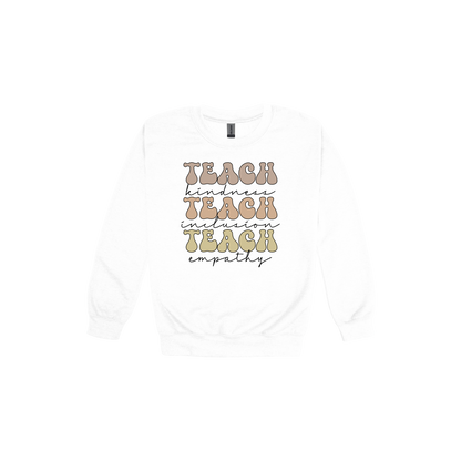 Teach Kindness Empathy Bubble Letter Apparel — White adult Crewneck front