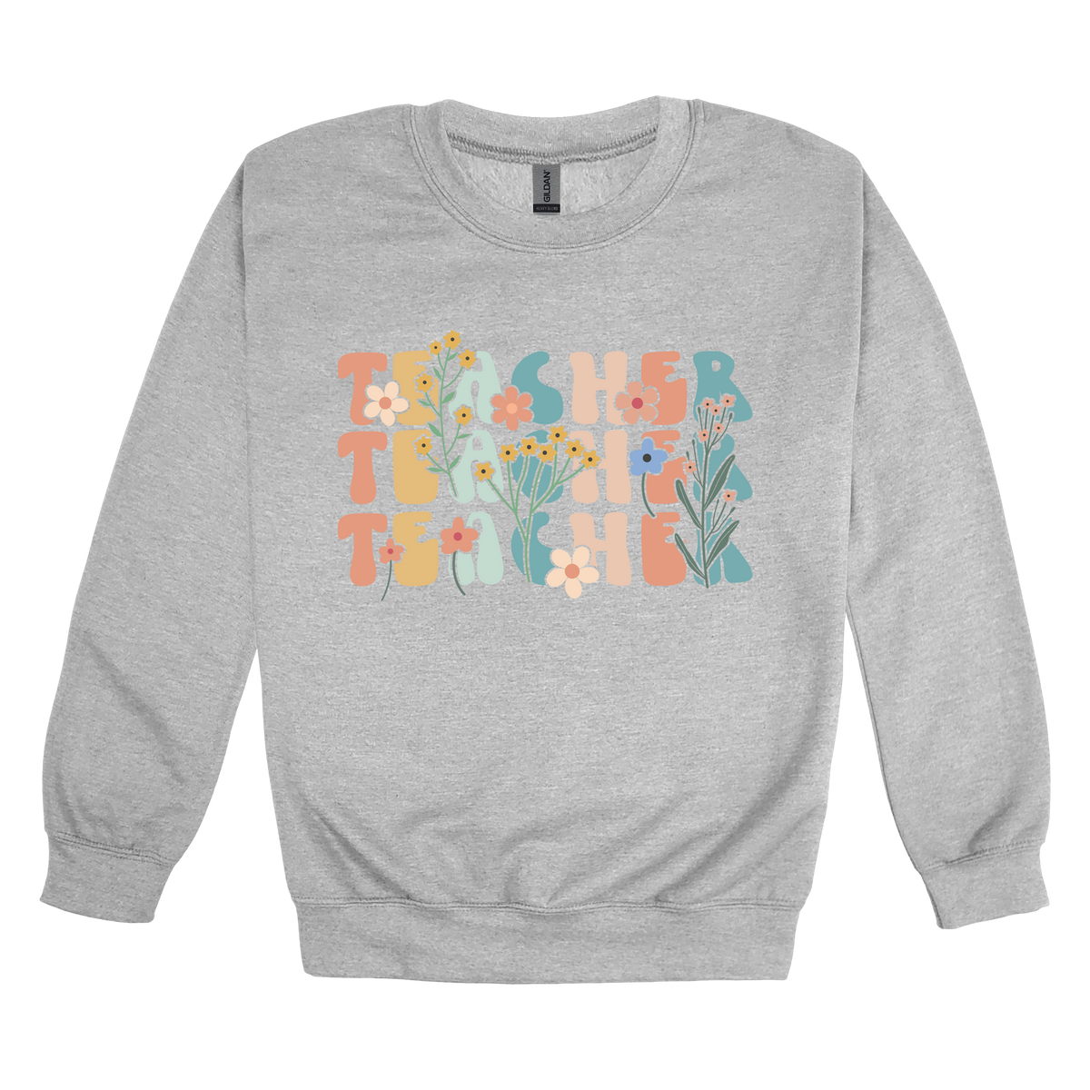 Teacher floral design on Sport Gray adult Crewneck, front view.