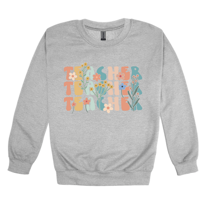 Teacher floral design on Sport Gray adult Crewneck, front view.