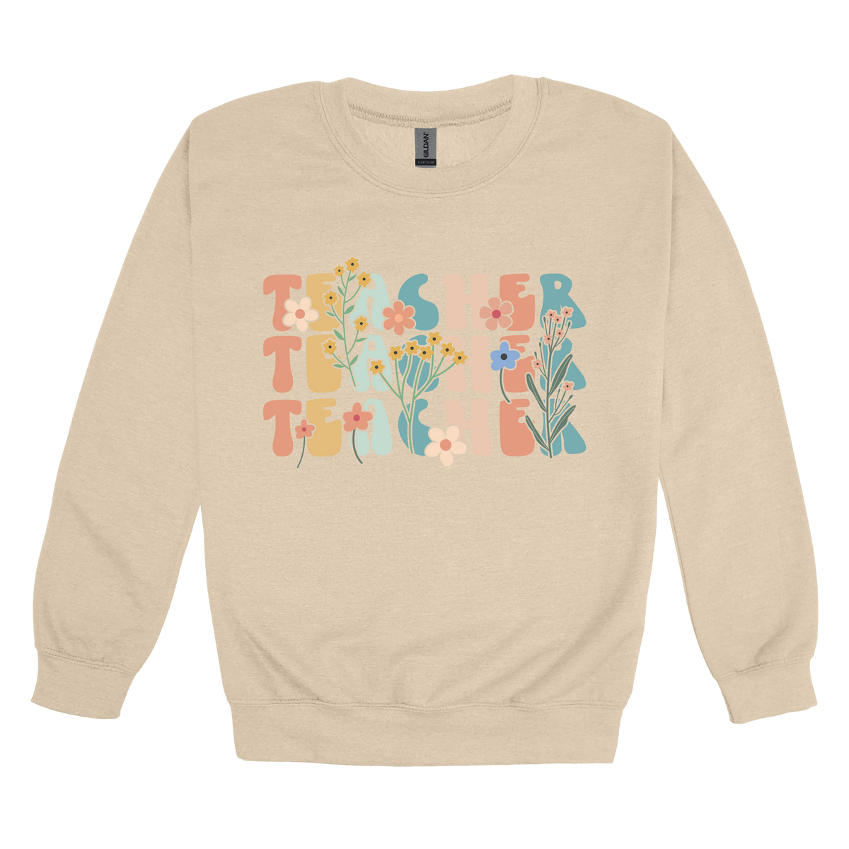Teacher floral design on Sand adult Crewneck, front view.