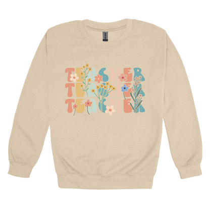 Teacher floral design on Sand adult Crewneck, front view.