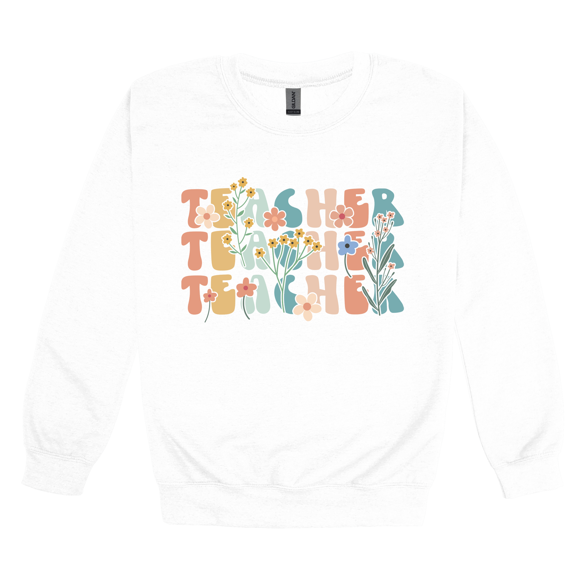 Teacher floral design on White adult Crewneck, front view.