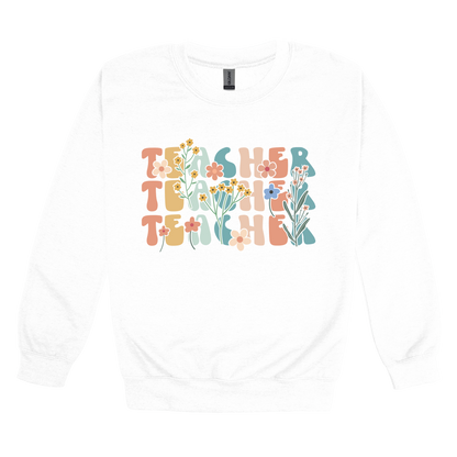 Teacher floral design on White adult Crewneck, front view.