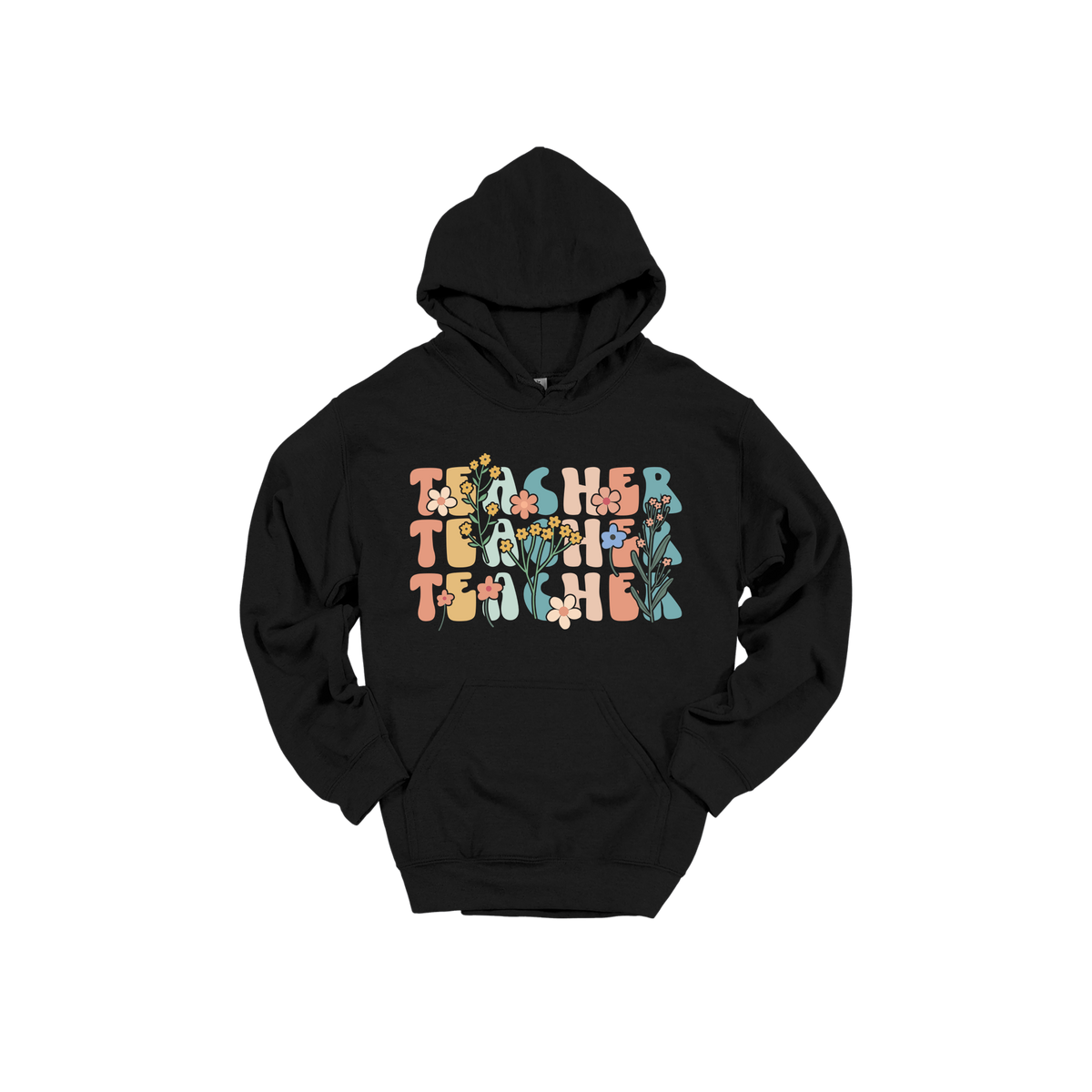 Teacher floral design on Black adult Hoodie, front view.
