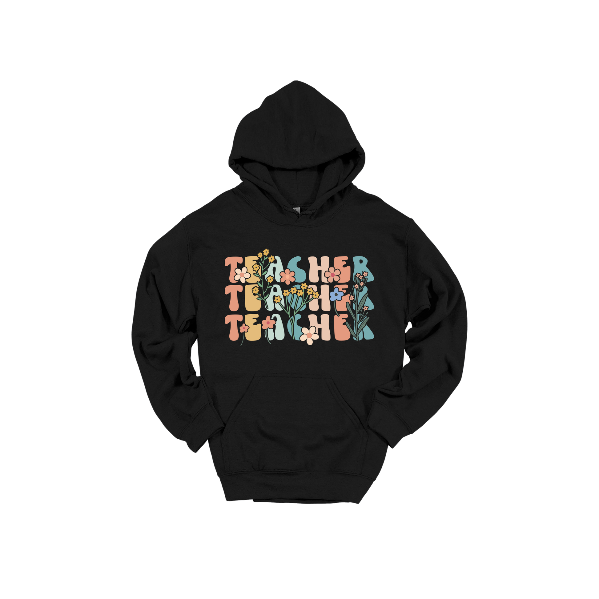 Teacher floral design on Black adult Hoodie, front view.