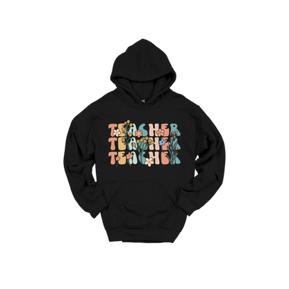 Teacher floral design on Black adult Hoodie, front view.
