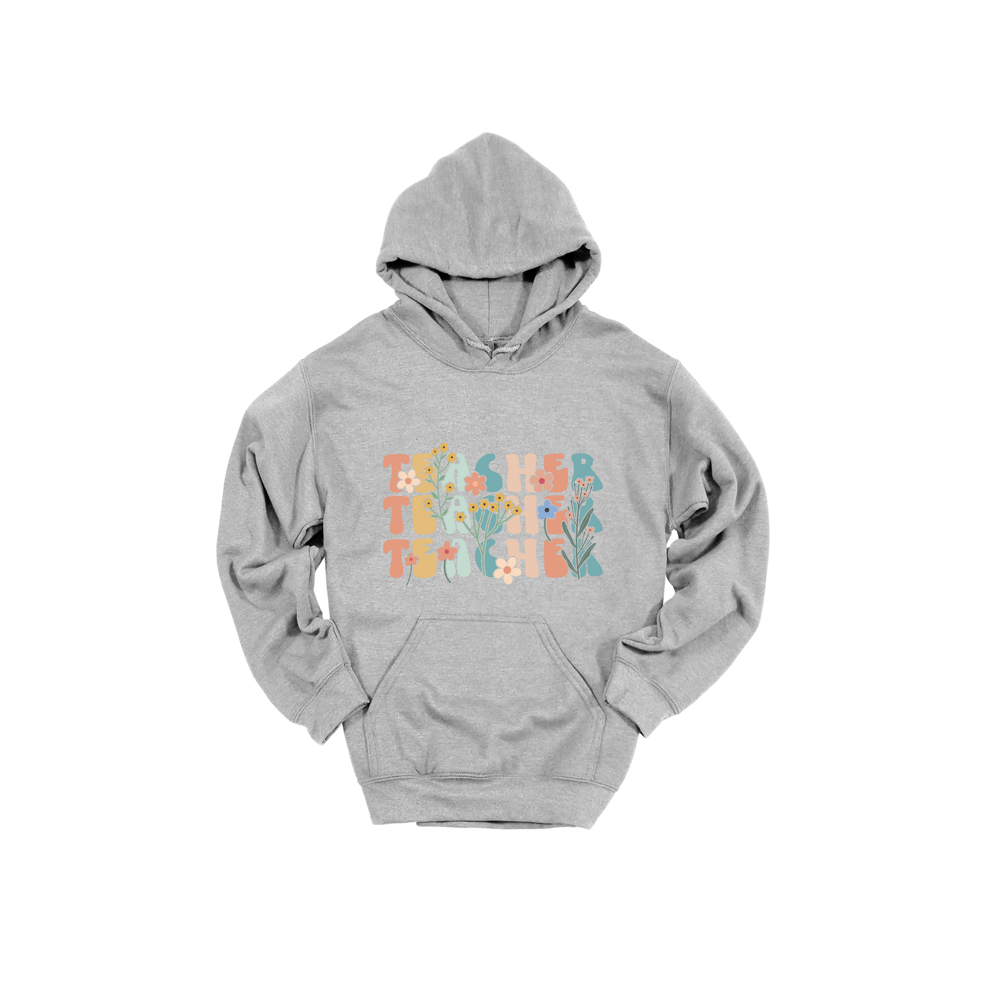 Teacher floral design on Sport Gray adult Hoodie, front view.
