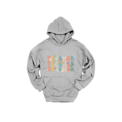 Teacher floral design on Sport Gray adult Hoodie, front view.