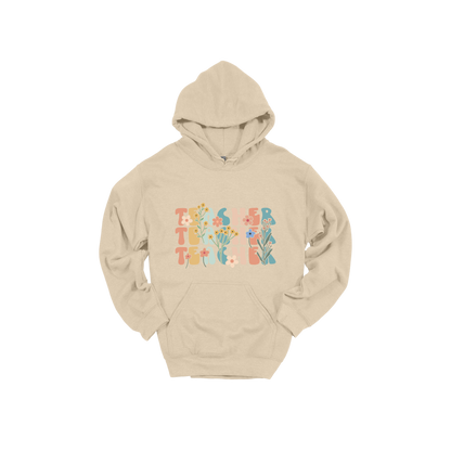 Teacher floral design on Sand adult Hoodie, front view.