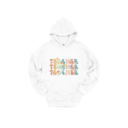 Teacher floral design on White adult Hoodie, front view.