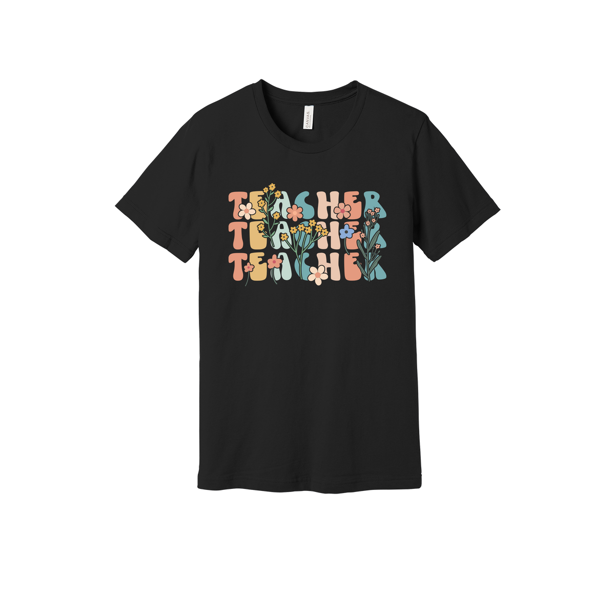 Teacher floral design on Black adult T-Shirt, front view.