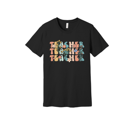 Teacher floral design on Black adult T-Shirt, front view.