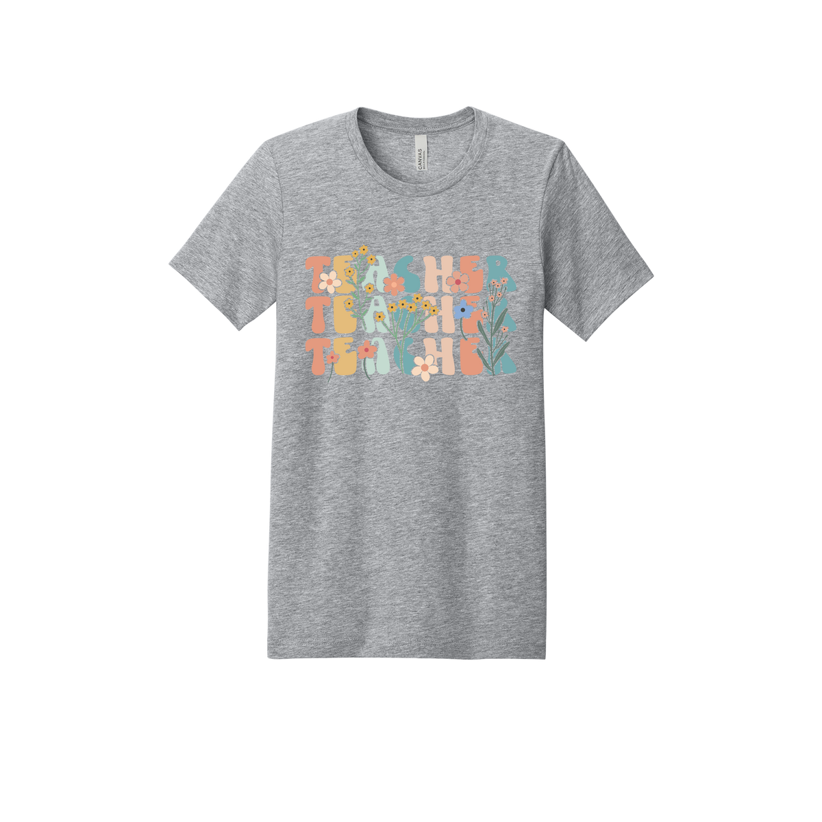 Teacher floral design on Heather Athletic Gray adult T-Shirt, front view.