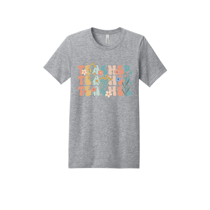 Teacher floral design on Heather Athletic Gray adult T-Shirt, front view.