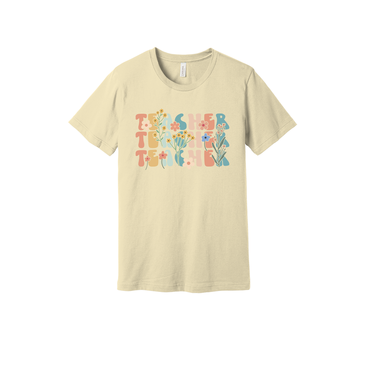 Teacher floral design on Natural adult T-Shirt, front view.