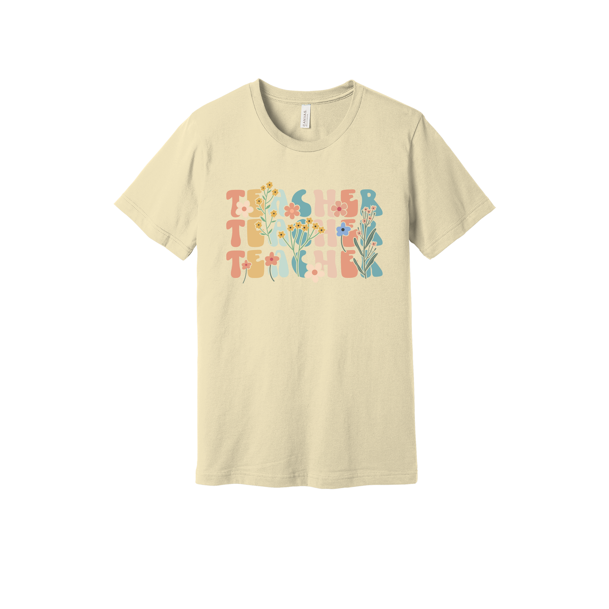 Teacher floral design on Natural adult T-Shirt, front view.