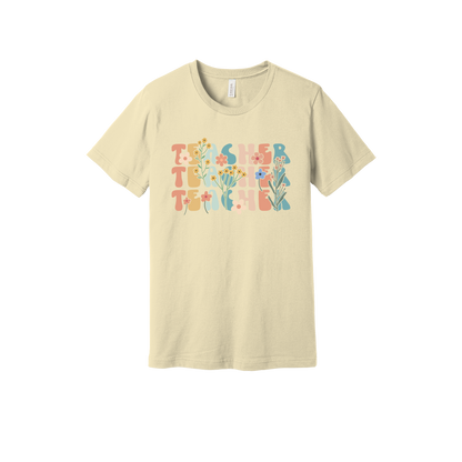 Teacher floral design on Natural adult T-Shirt, front view.