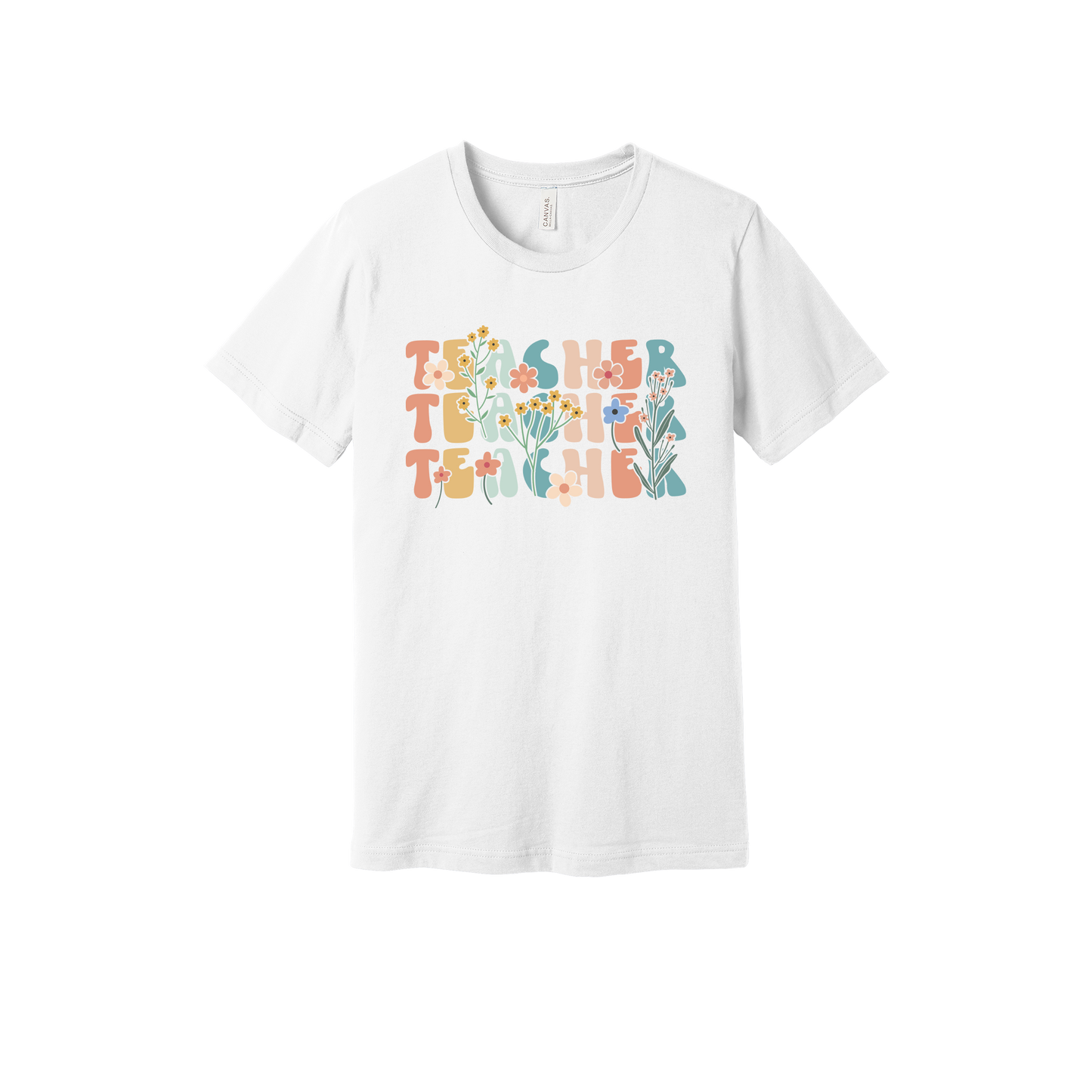 Teacher floral design on White adult T-Shirt, front view.