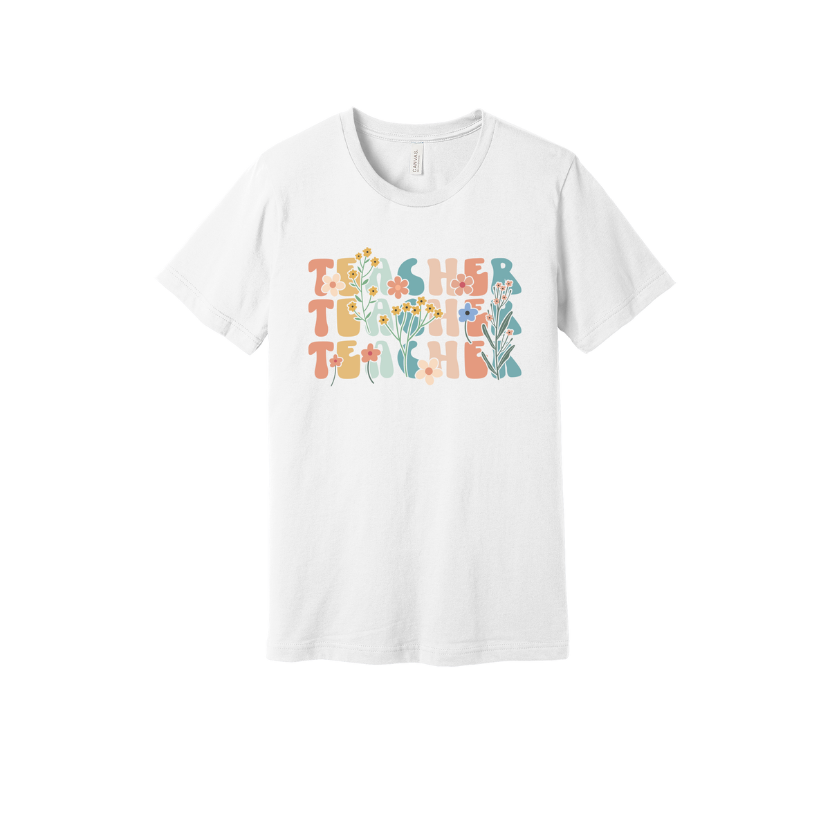 Teacher floral design on White adult T-Shirt, front view.
