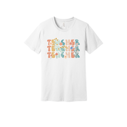 Teacher floral design on White adult T-Shirt, front view.