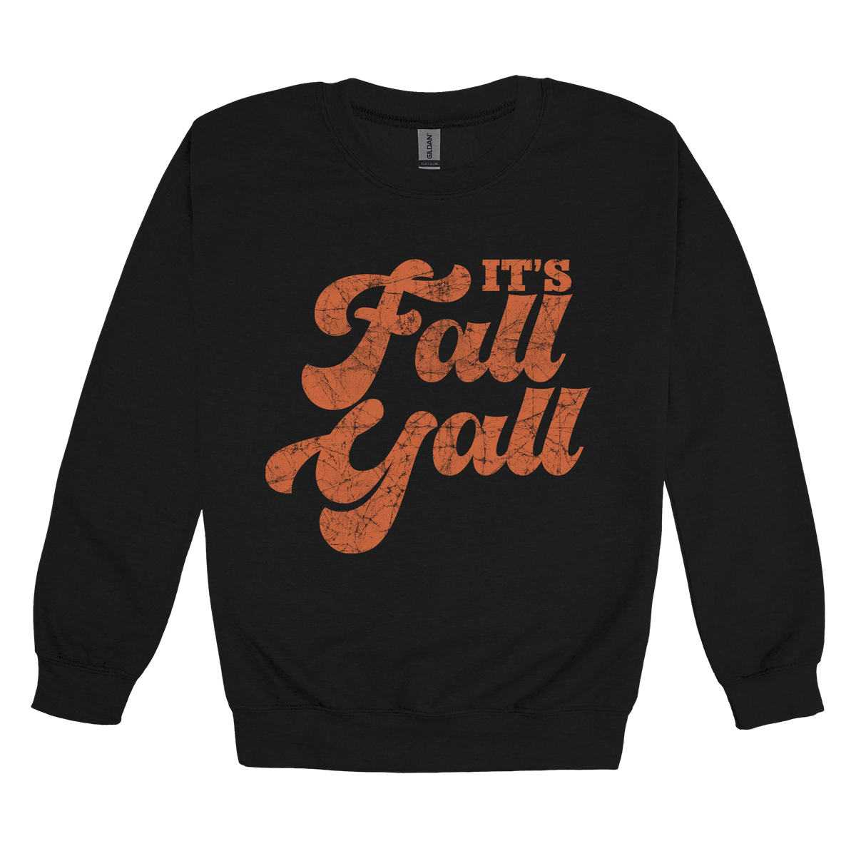 It's Fall Y'all design on Black adult Crewneck, front view.