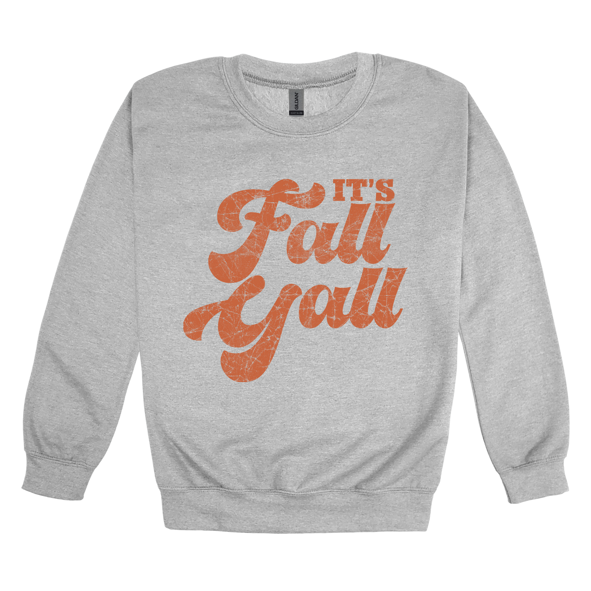 It's Fall Y'all design on Sport Gray adult Crewneck, front view.