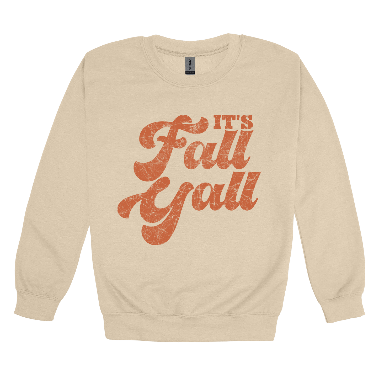 It's Fall Y'all design on Sand adult Crewneck, front view.