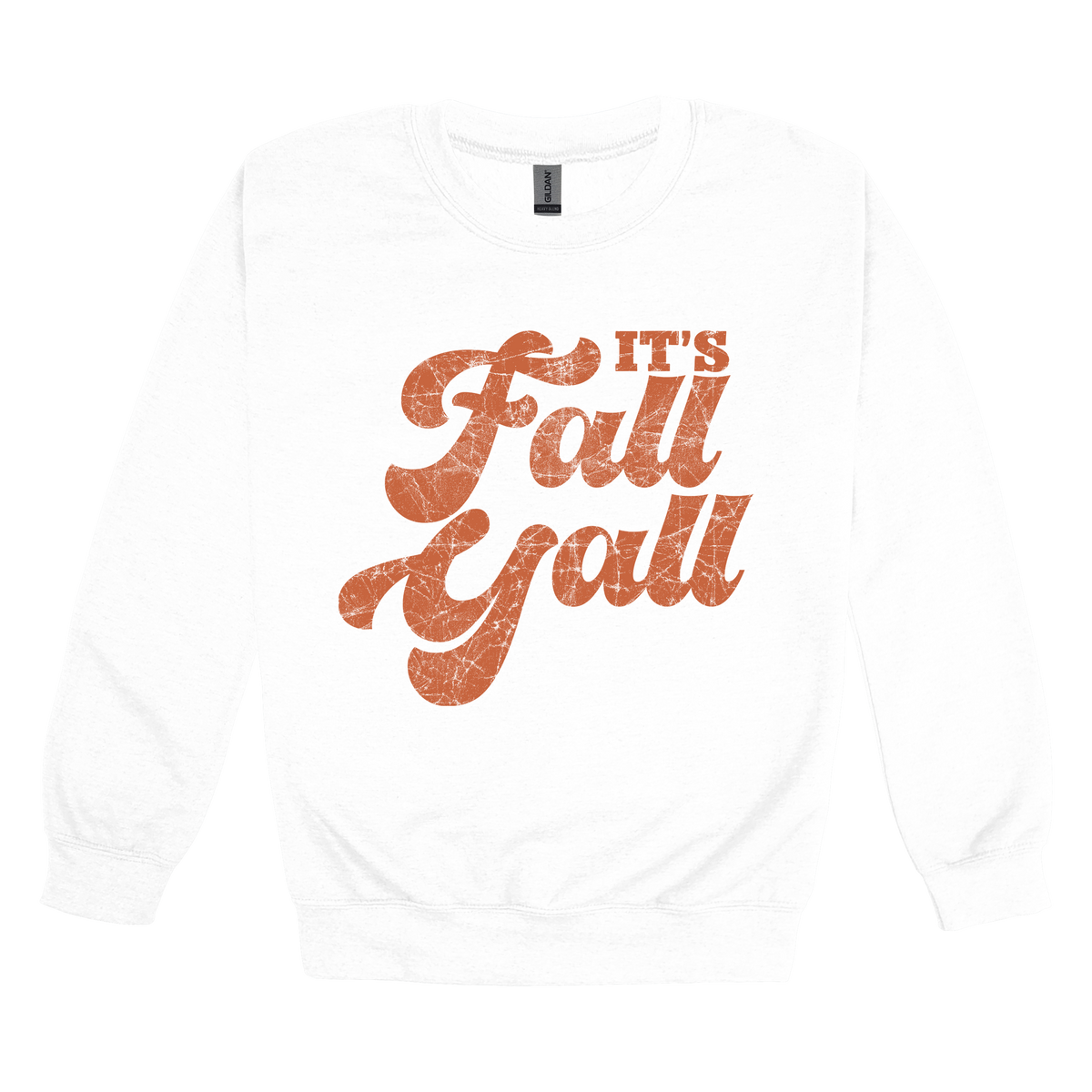 It's Fall Y'all design on White adult Crewneck, front view.