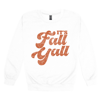 It's Fall Y'all design on White adult Crewneck, front view.